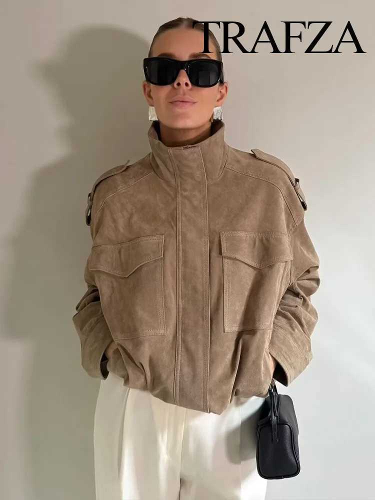 TRAFZA Womens New Fashion Long Sleeves Jackets Solid Turtleneck Pocket Decoration Zipper Female Autumn High Street Coats Z250918