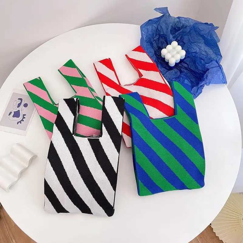 Handmade Knit Women Handbag Hot Student Reusable Shopping BagMini Knot Wristbag Casual Color Wide Stripe Tote Shoulder Bag Z250915