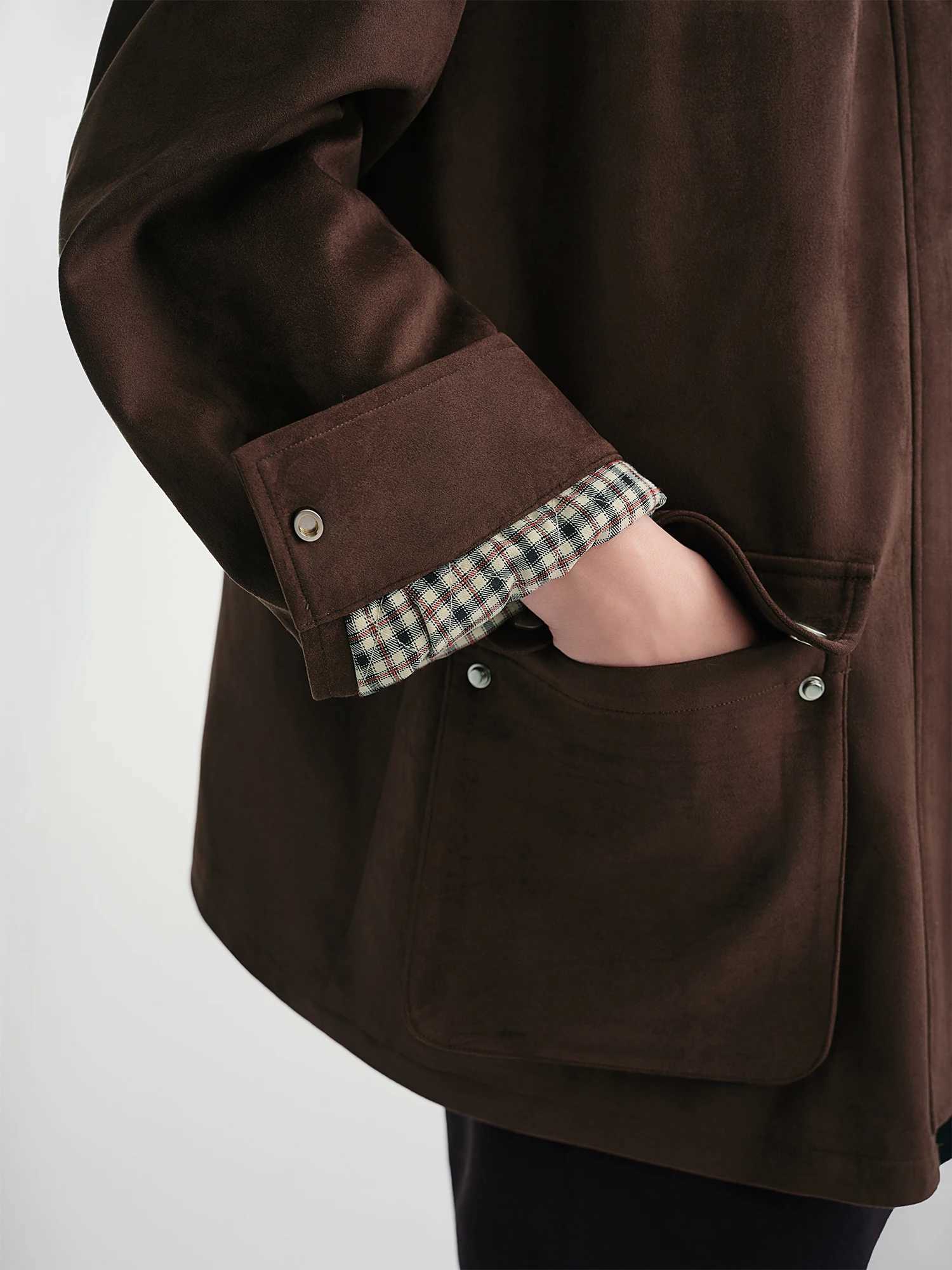 DUSHU Contrast Color Cropped Jacket Turn Down Collar Loose Autumn and Winter Jacket British Style Retro Coffee Chic Z250918