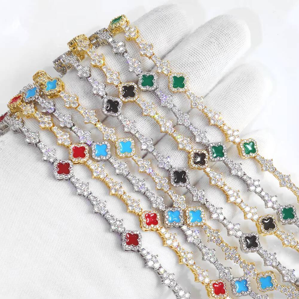NUOYA Hip Hop New Style Iced Out Four Leaf Clover Necklace Silver Color 65mm Moissanite Diamond Colorful Tennis Chain Jewelry for Women