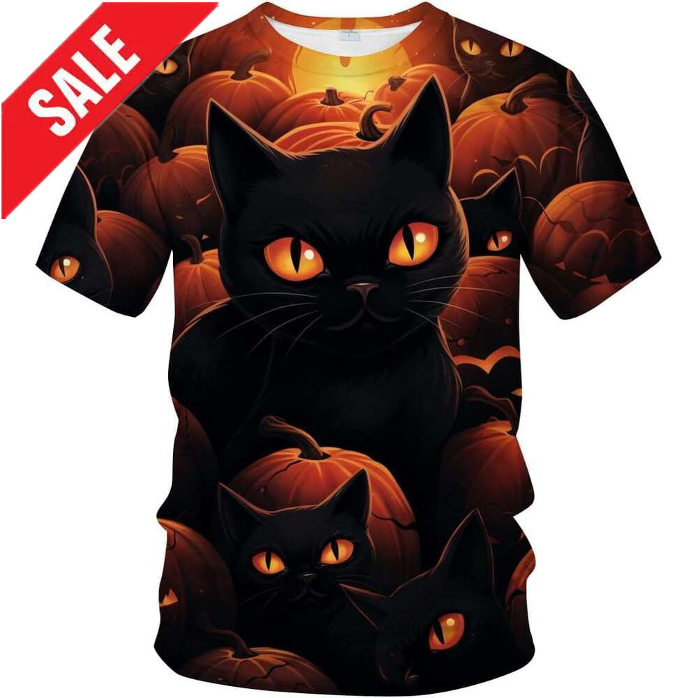 T shirt Mens Ghosts Pumpkins Black Cat T-Shirt Halloween Graphic Short Sleeve Shirt shirts tshirt graphic tee Casual tops summer clothes Short sleeve 