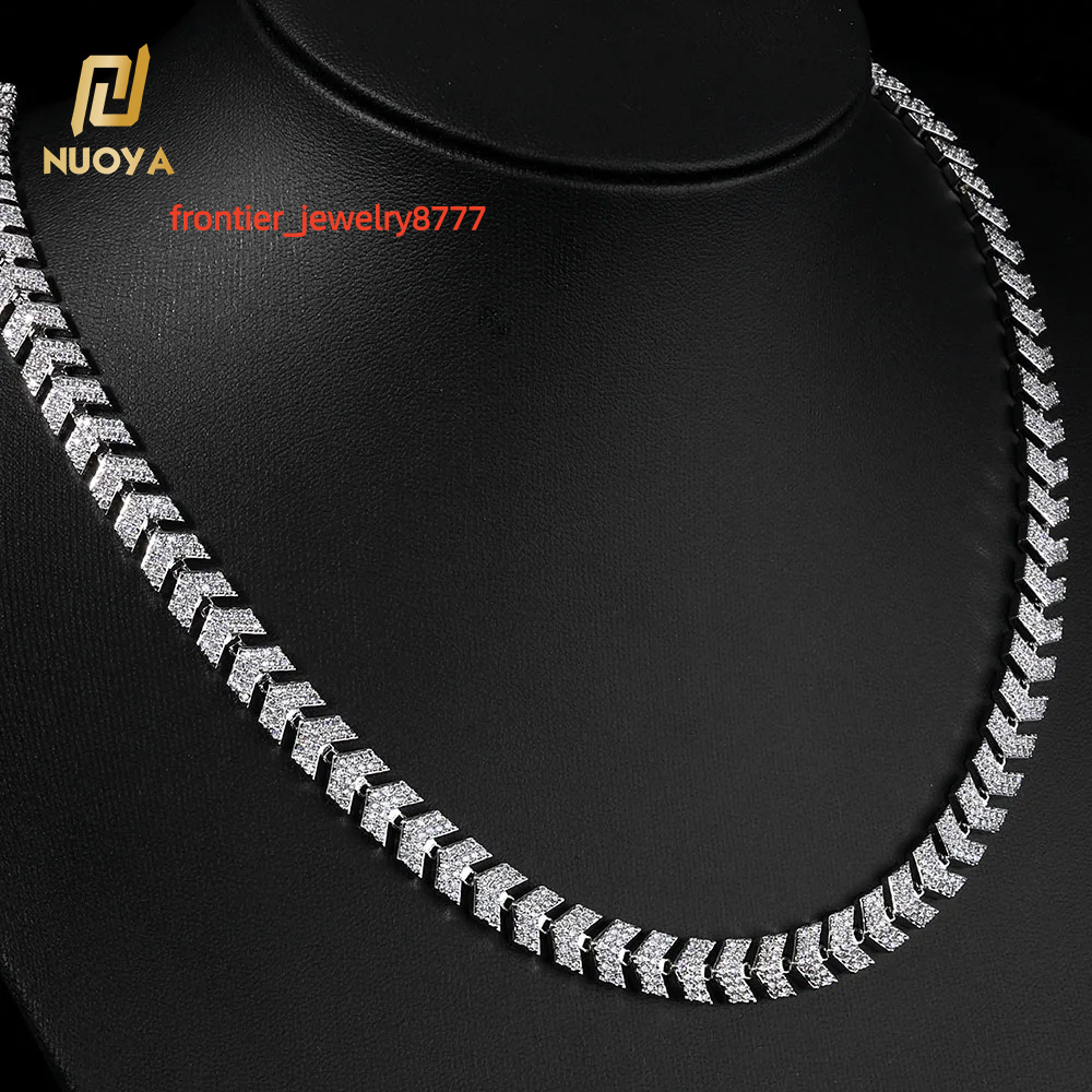 NUOYA Luxury Silver Plated Arrow Chain Necklace 8MM Micro Pave Cuban Full Iced Out Moissanite Hip Hop Jewelry