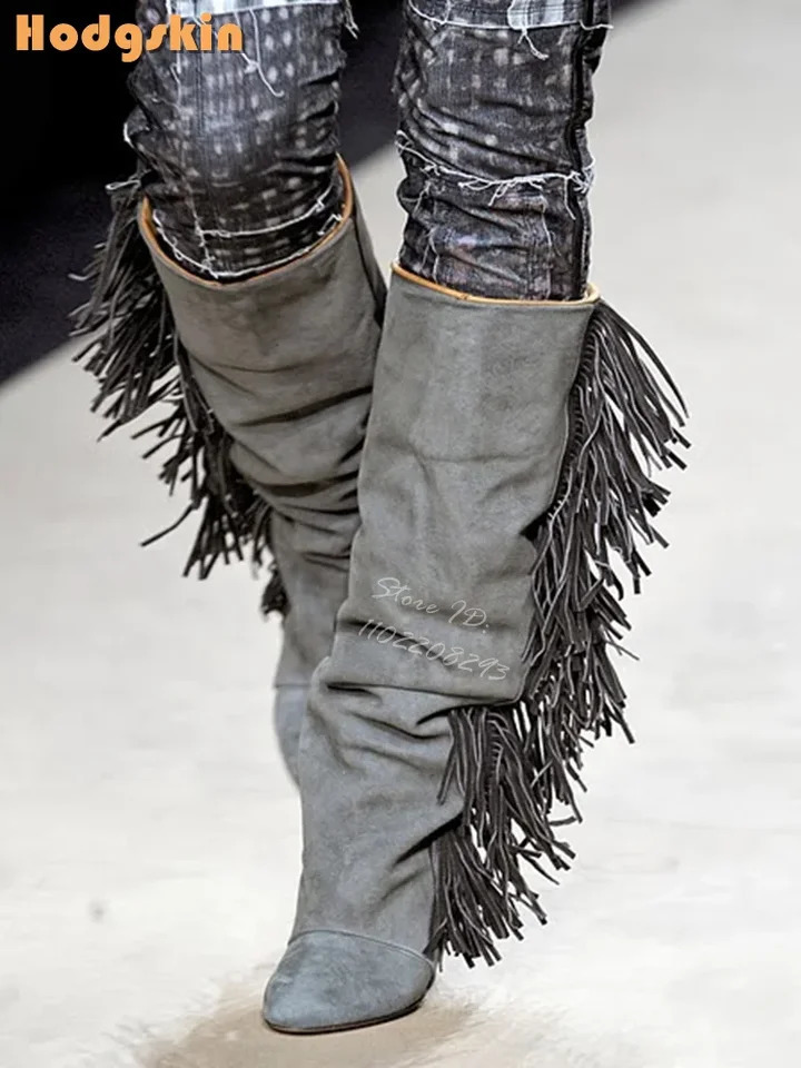 Retro Fringe Midcalf Boots Solid Round Toe Wedge Heels Platform Kneehigh Shoes Autumn Women Fashion Cowboy 250919