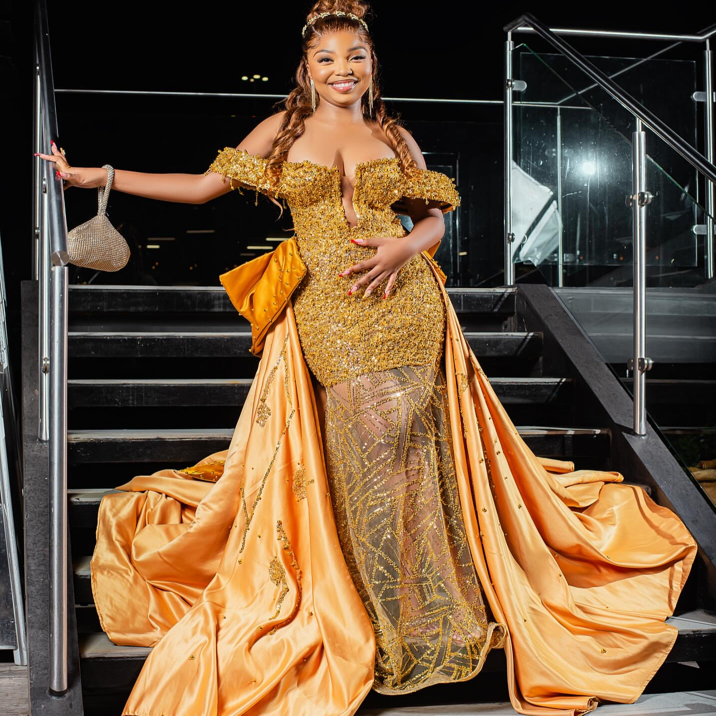 Mermaid Gold Prom Dresses 2025 Beaded Pearls Detachable Train Evening Formal Party Second Birthday Engagement Gowns Plus Size Dress For Special Occasi