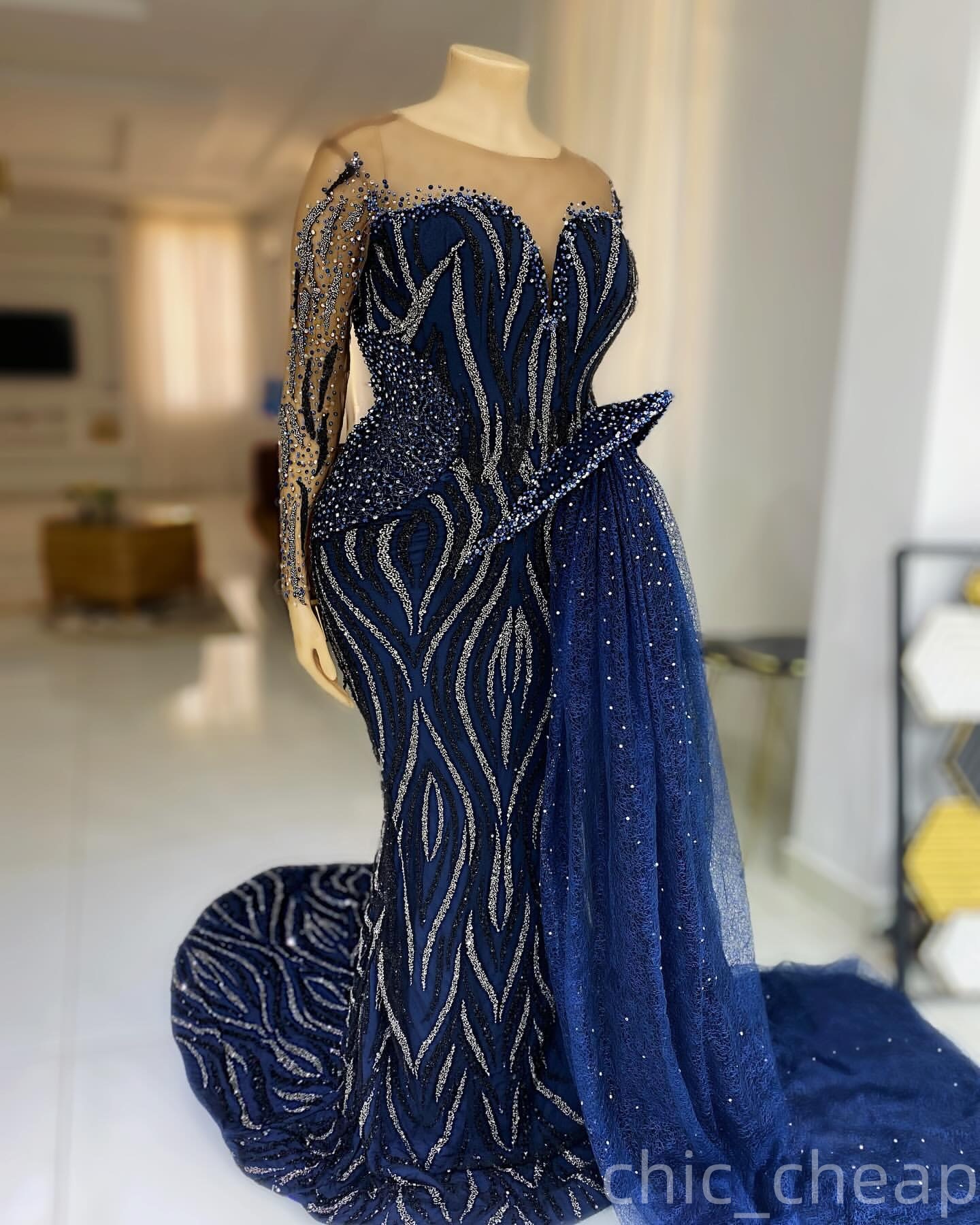 Mermaid Navy Blue Prom Dresses 2025 Beaded Sequined Full Sleeves Evening Formal Party Second Birthday Engagement Gowns Plus Size Dress For Special Occ