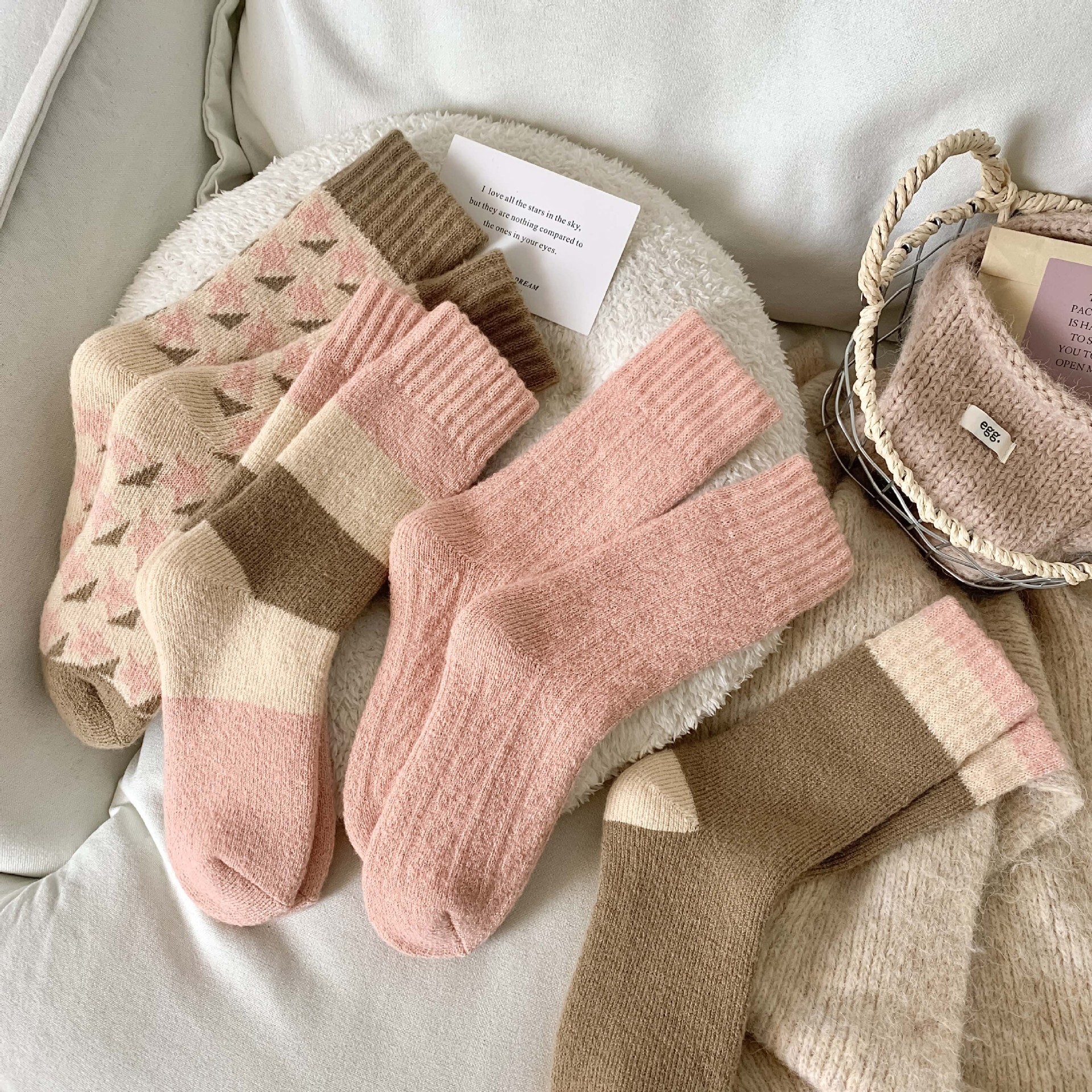 Wool for Women, Autumn and Winter Thickened Warm Terry Mid-Calf Socks, Pink Sweet Cute Girl Towel Socks