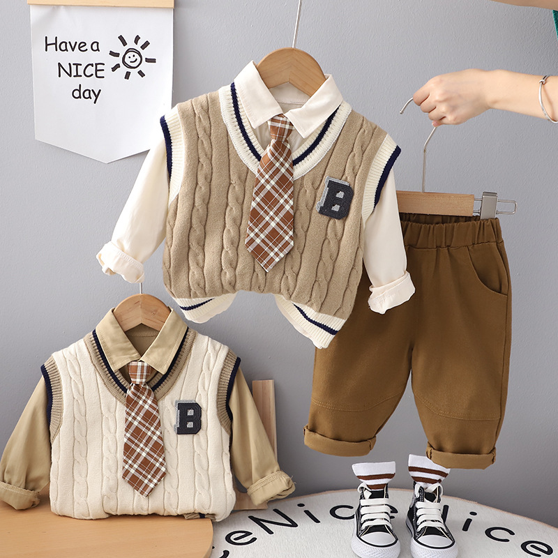 2025 New Autumn Toddler Boys' Preppy Style 3 Piece Set Sweater Vest Tie & Shirt Suitable for Spring & Autumn