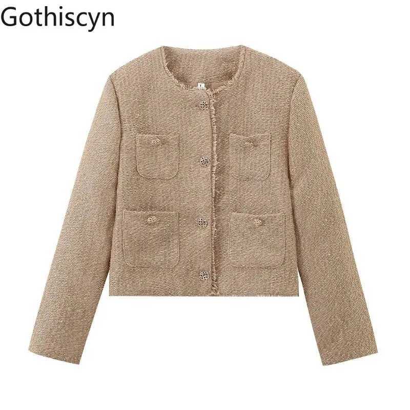 Gothiscyn Tweed Loose Longsleeved Jacket for Womens SpringAutumn Oneck Metal Button Fringed Jacket Fashion Female Clothes Z250918