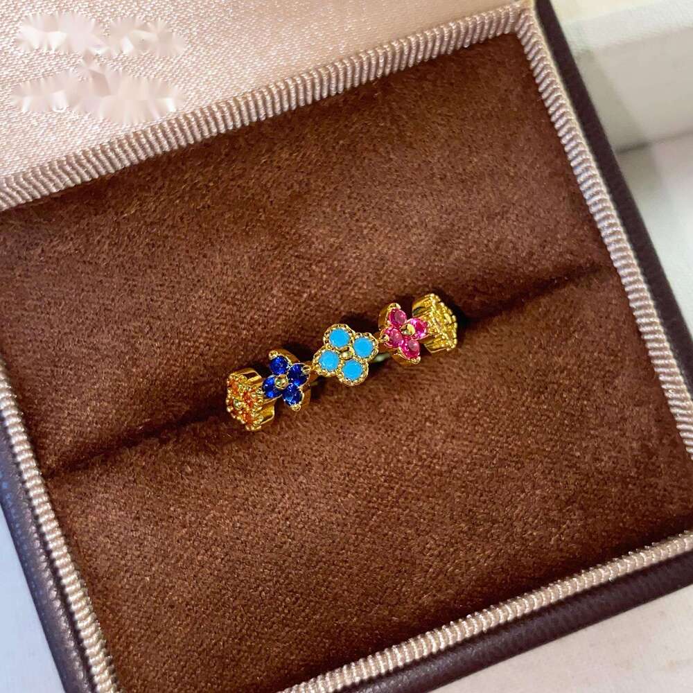 Muzhilai 2025 Lucky Four-Leaf Flower Summer Rainbow Dopamine Colorful Diamond Exquisite High-End Feel Ring