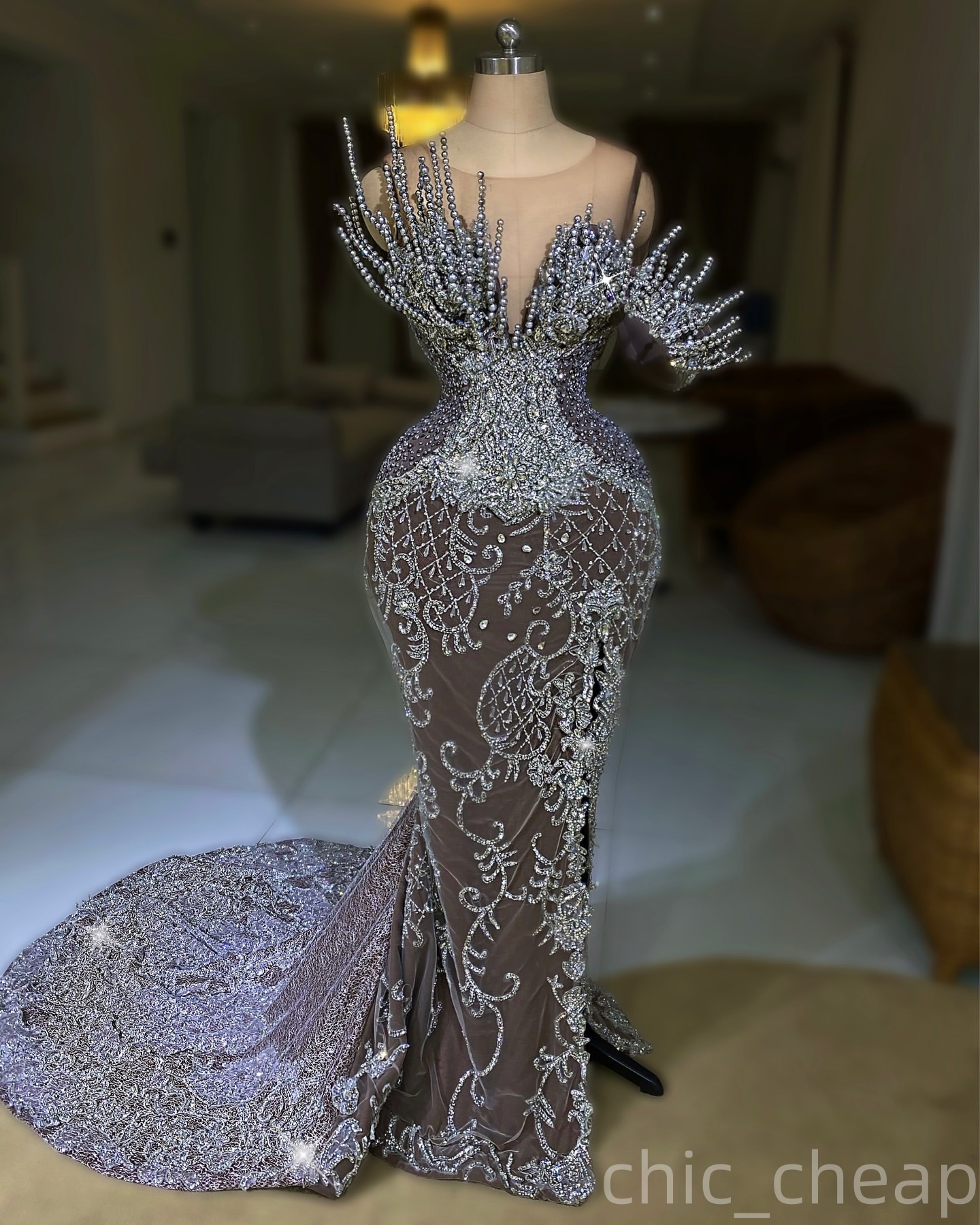 Mermaid Brown Prom Dresses 2025 Illusion Pearls Lace High Split Evening Formal Party Second Birthday Engagement Gowns Plus Size Dress For Special Occa