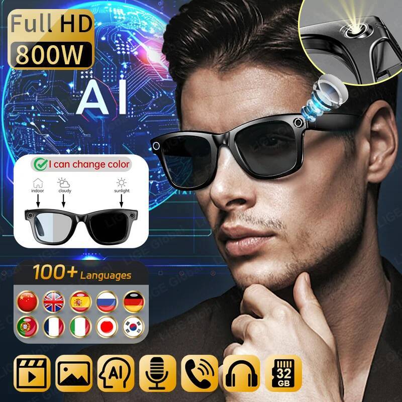 Smart Camera Glasses Video Recording AI Translation Object Recognition Bluetooth Call Music Sunglasses Photochromic Lenses