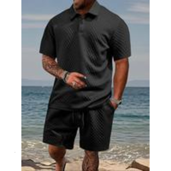 Solid Jacquard Short Sleeve Tee Shorts Set, Loose Casual Round Neck T-shirt & Shorts, Men's Summer Clothes for Beach Vacation