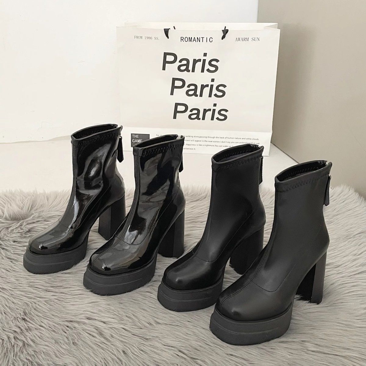 2025 Autumn/Winter New Fashionable Coarse Heel Anti slip Zipper Short Boots with Lacquer Leather Thick Bottom and Height Increase Fashion Boots Size 34-40