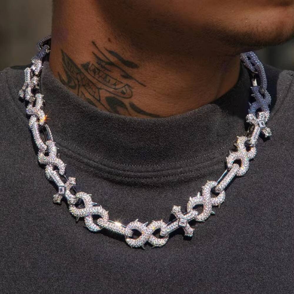 Yu Ying Full Iced Out Moissanite Diamond Sterling Silver Infinity Cross Charms Spikes Cuban Link Necklace Chains for Men