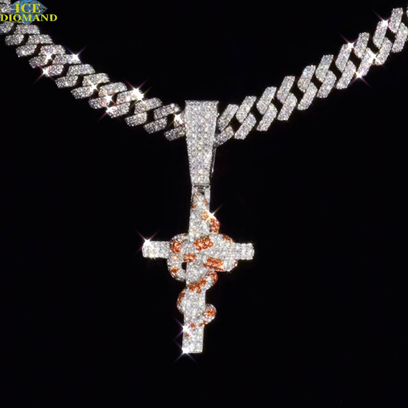 Solid Heavy Two Tone VVS Diamond Hip Hop 925 Silver Iced Out 3D Customized Trend Moissanite Cross Pendant Pass Diamond Tester Fine Jewelry
