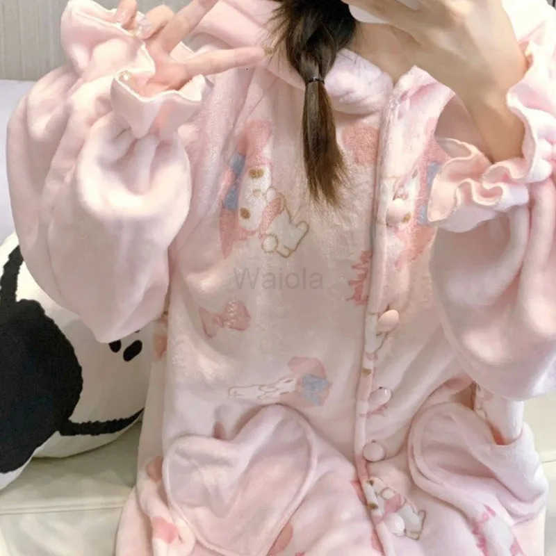 Sanrio New Autumn and Winter Fuzzy Nightgown Womens 2 Pcs Melody Pajama Set Student Cute Sweet Long Thick Plush Bathrobe Sleepwear Set L250919
