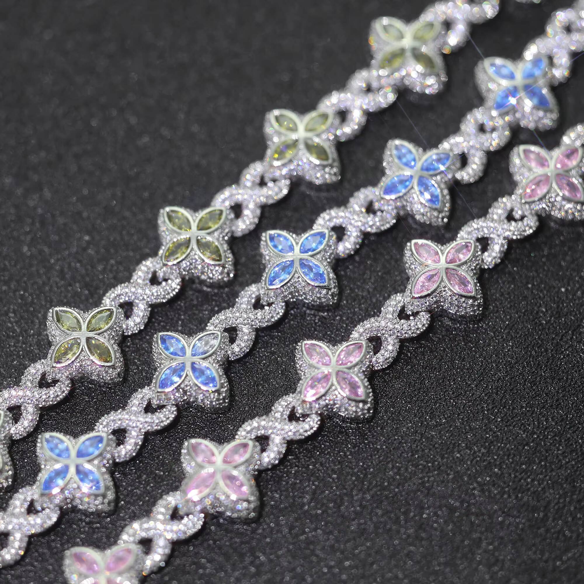 NUOYA New Style 8mm HipHop Jewelry Colorful Four Leaf Clover Chain Silver Plated Brass 5A Moissanite Cuban Chain Bracelet for Women