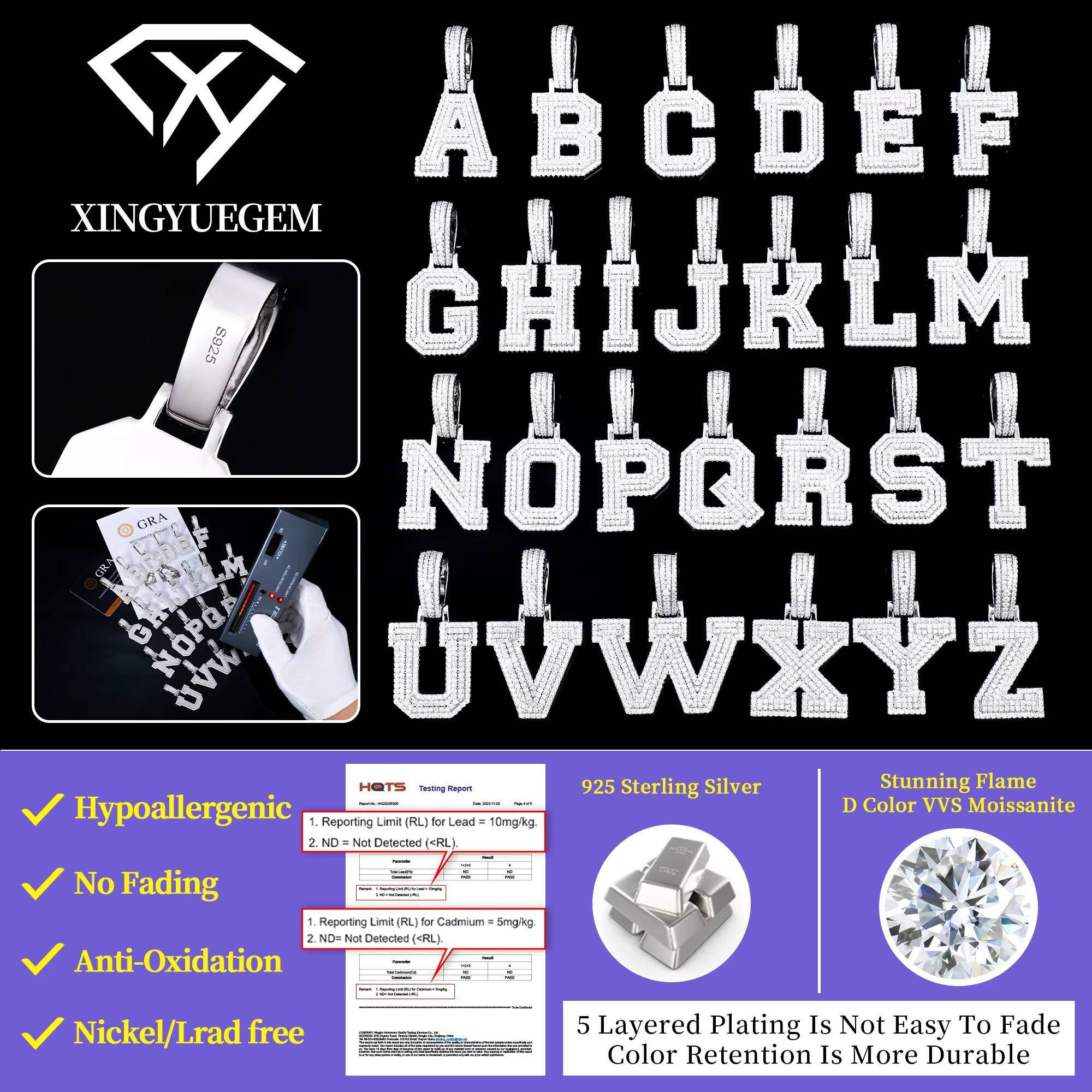 Unisex Hip Hop Fine Jewelry 925 Sterling Silver Iced Out Diamond Mossanite Moissanite Az Lead Letter Pendant for Men Women