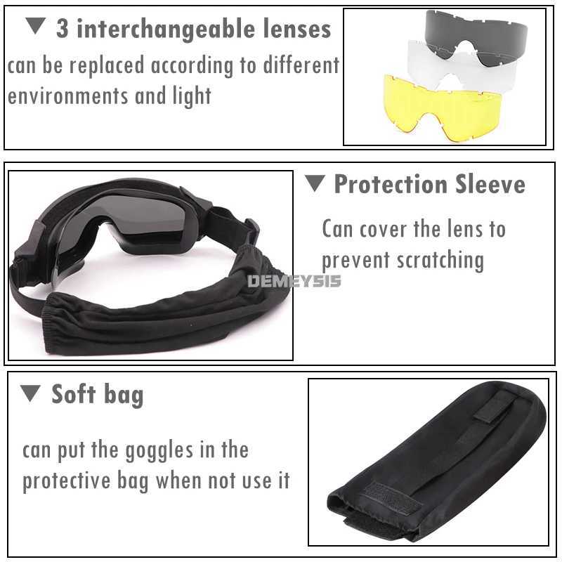 Tactical Goggles 3 Lens Windproof Dustproof Shooting Motocross Motorcycle Mountaineering Glasses Airsoft CS Protection Eyewear J250919