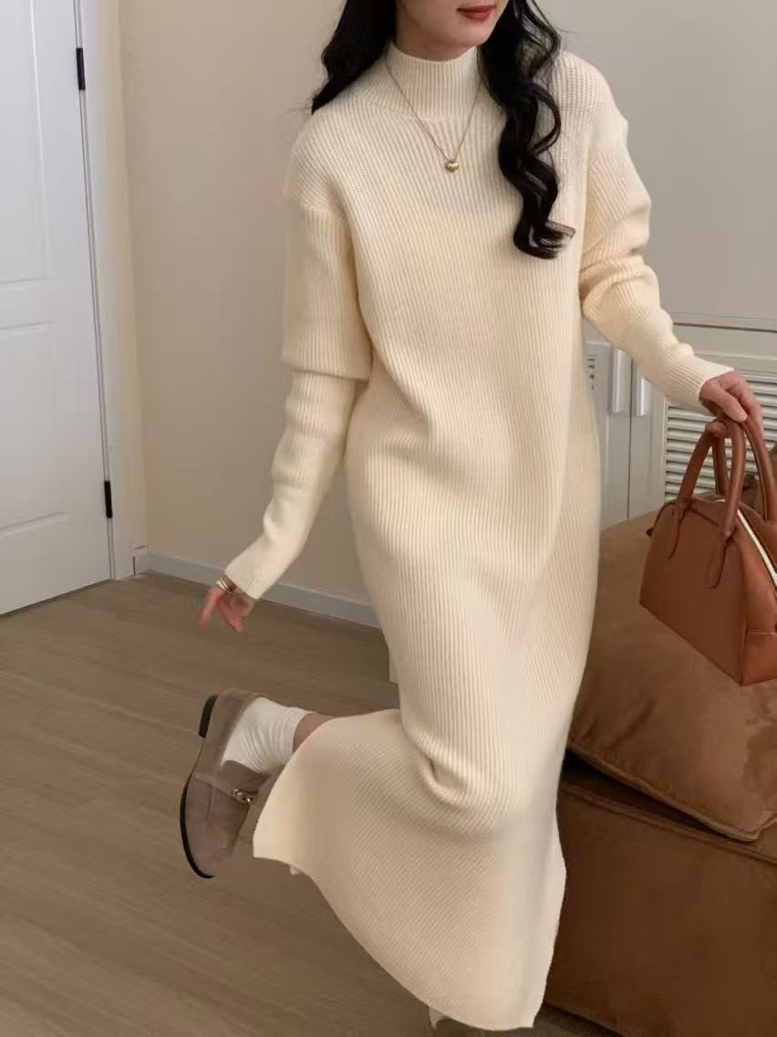 TB178 Thickened Knitted Sweater Dress with Side Slits and Long Sleeves