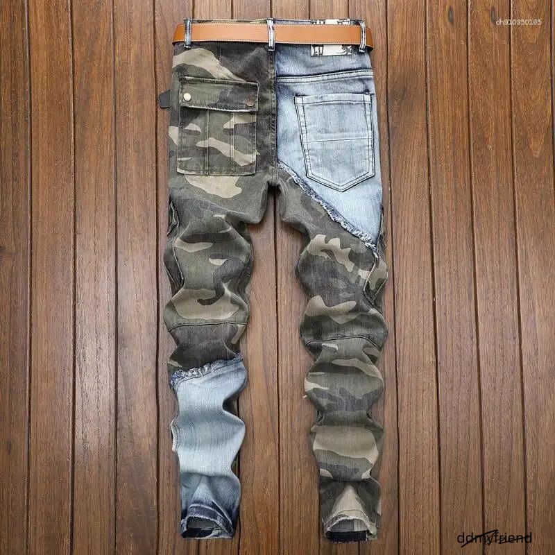Men's Jeans Patchwork Fashion Retro Slim Fit Elastic Pencil Pants Male Denim Camouflage Cowboy Long Trousers ddmyfriend