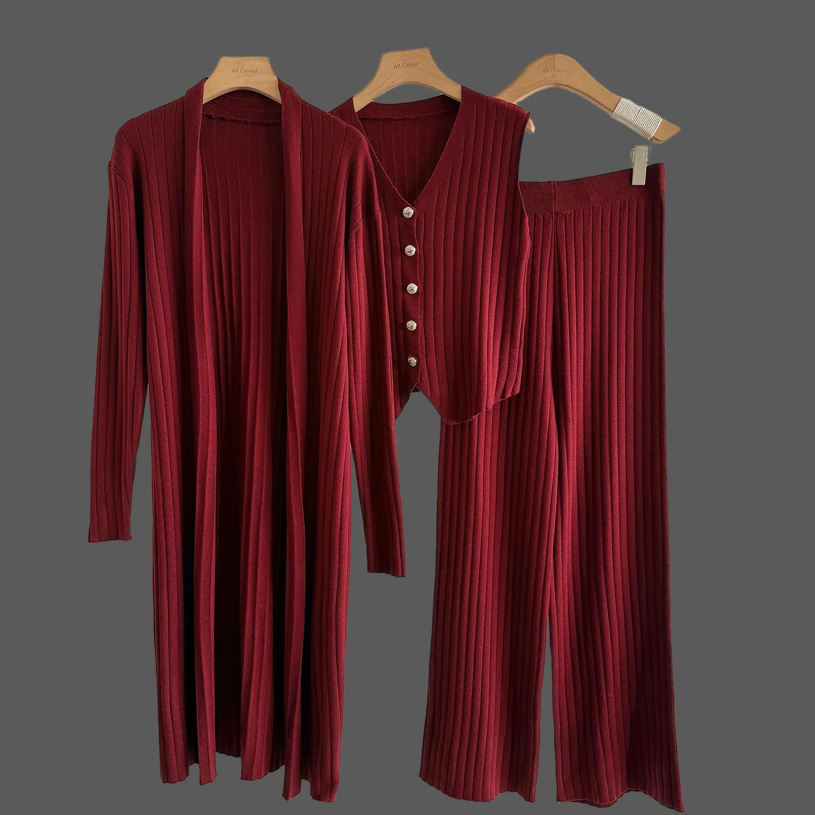 Three Piece Set for Women Autumn Winter Knitted Cardigan Loose Knitted VestLong cardiganWide Leg Pant Soft Tank Top Set 250917