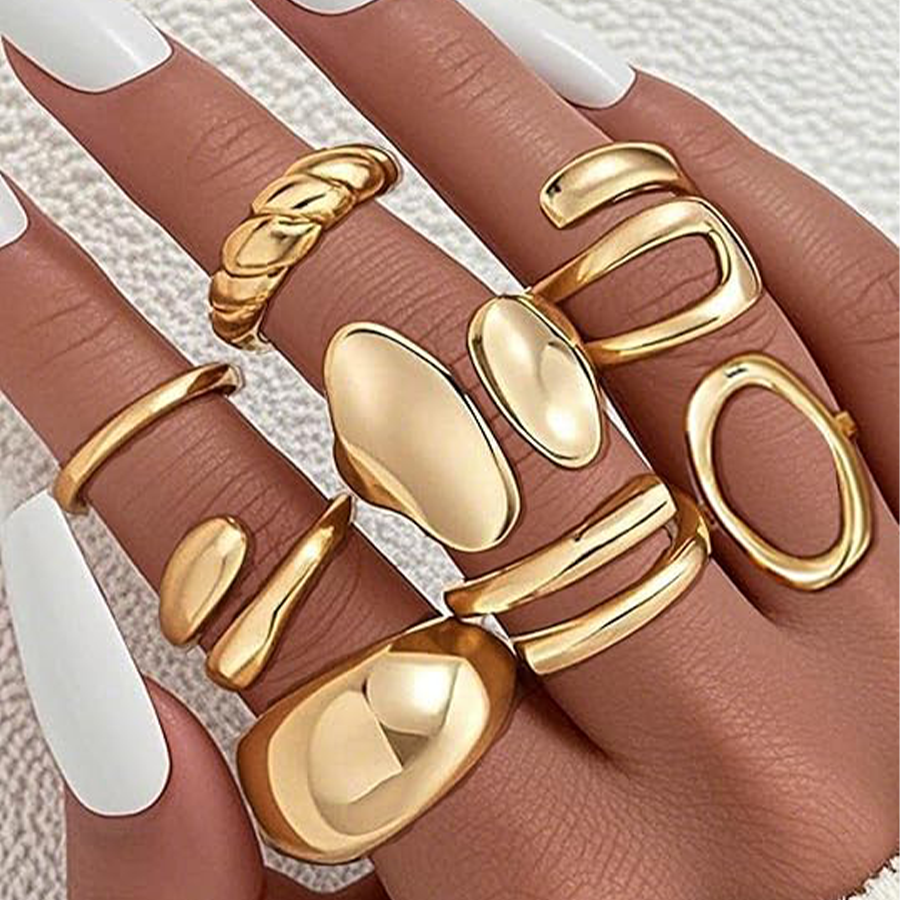 12Pcs Gold Chunky Rings 18K Gold Plated Stackable Open Knuckle Ring Set Hollow Heart Twist Croissant Dome Band Statement Finger Rings for Women Gold T