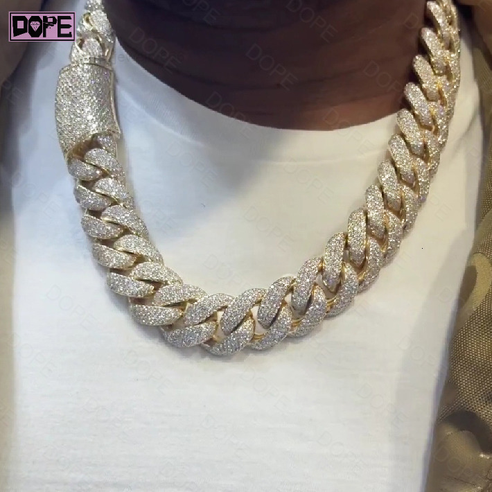 Hiphop 18mm Cuban Link Chain Chunky Heavy Curved 925 Silver Iced Out Buss Down Miami Moissanite Cuban Chain