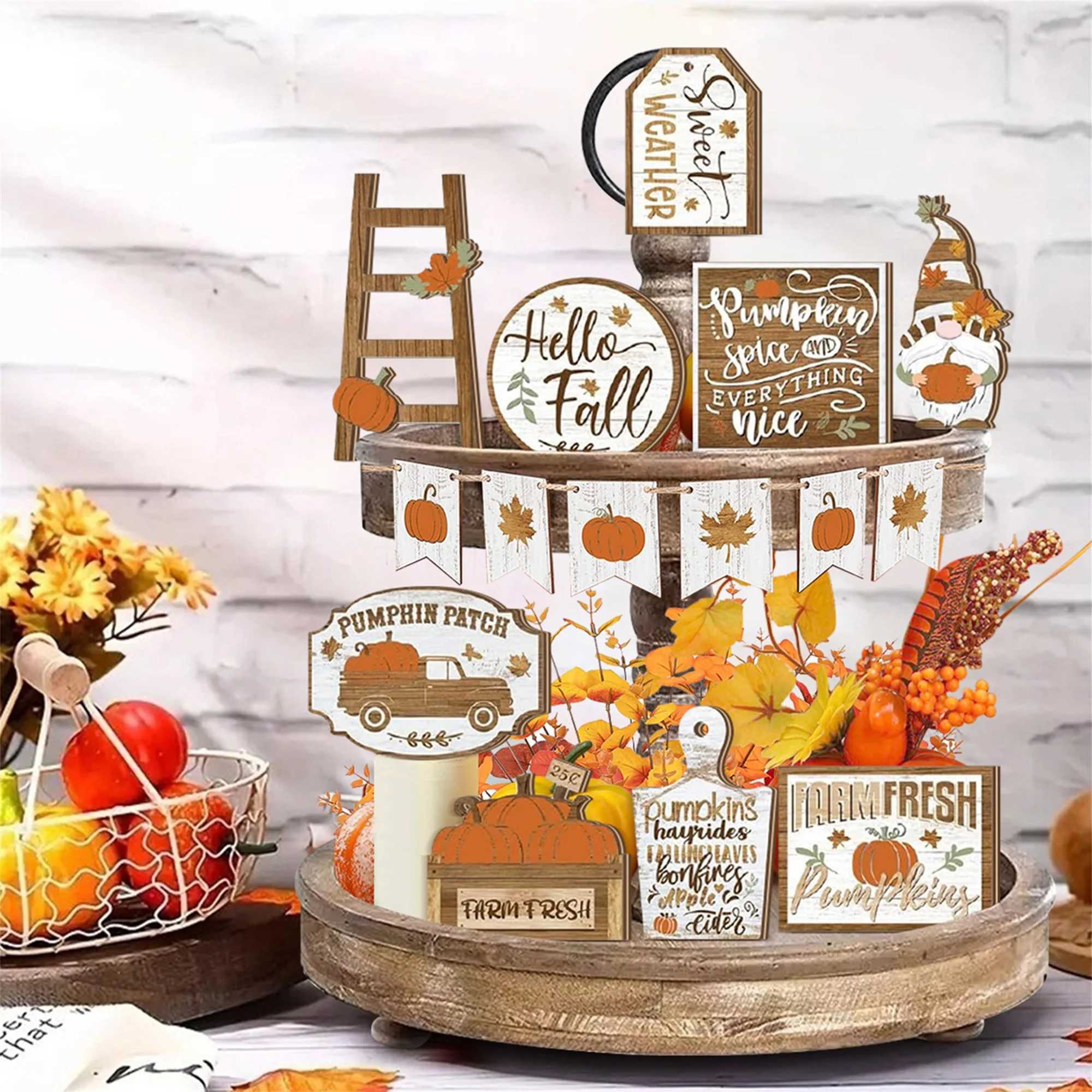 Fall Harvest Wooden Pumpkin and Maple Leaf Table Centerpiece Set of 12 Thanksgiving Tiered Tray Decorations for Home and Party C250919