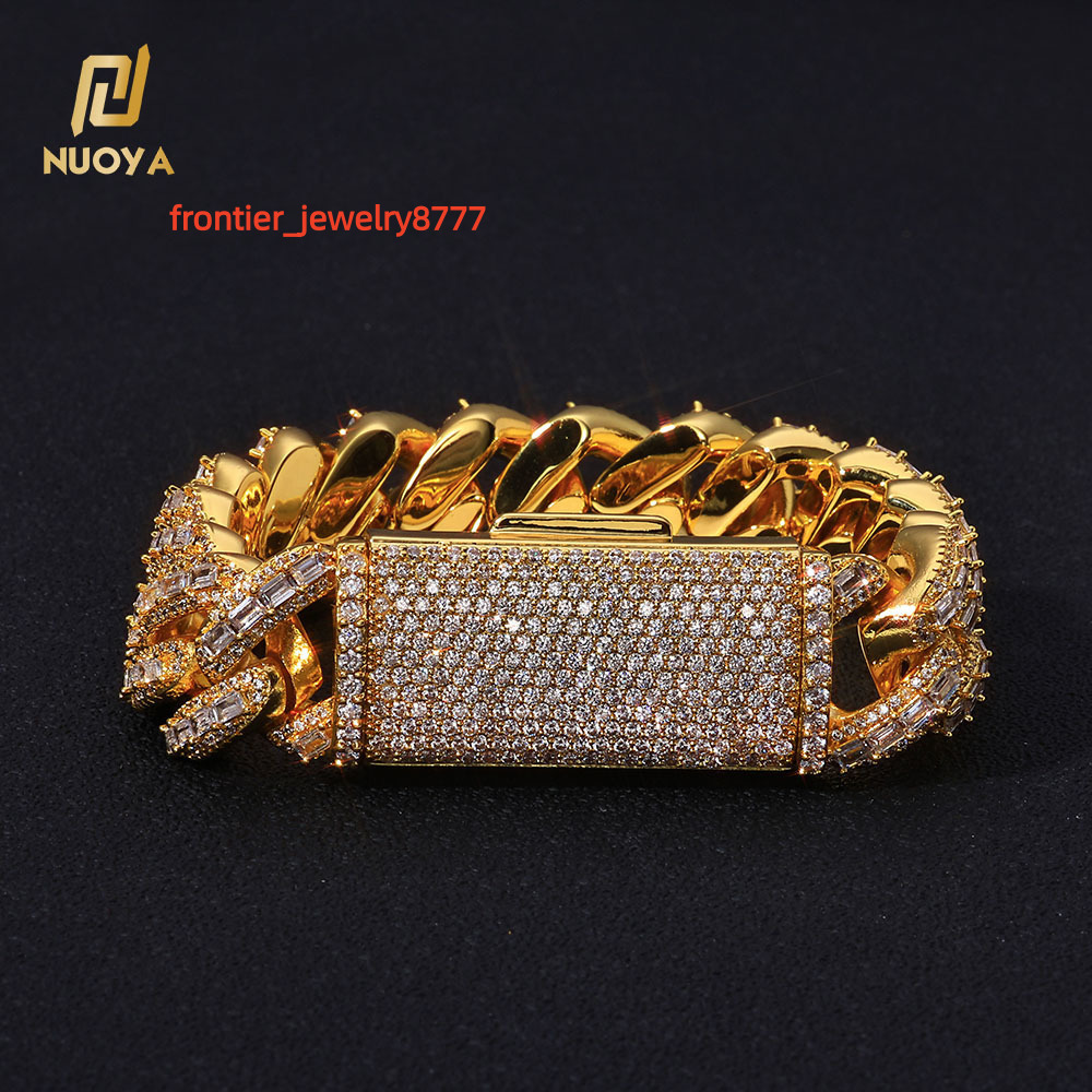 NUOYA Flip Lock Cuban Bracelet 18mm Gold Plated Iced Baguette Cut Moissanite Hip Hop Heavy Duty Jewelry