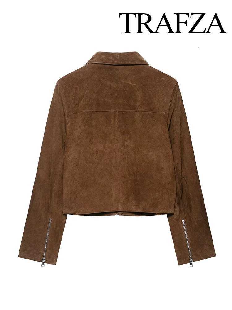 TRAFZA Womens 2025 Autumn New Fashion Popular Lapel Short Pure Leather Jacket Female Temperature Zipper Pocket Loose Coat Mujer Z250918