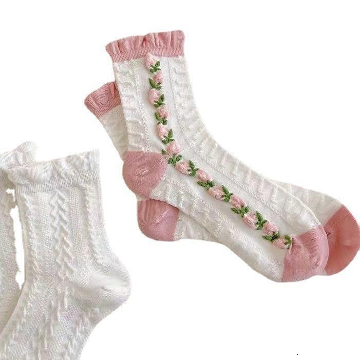White Lace JK Socks for Women, Mid-Calf, Ins Trend, Pink Mist Color, Girl's Socks, Spring and Summer Thin Style, High Appearance