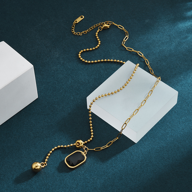 Titanium Steel Black Geometric Pendant Necklace Ins Hip Hop Light Niche Splicing Clavicle Chain Pull-out Round Bead Choker for Women