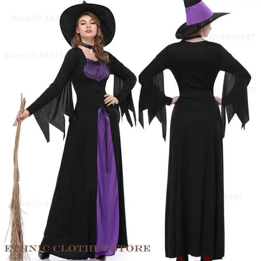 Adult Women Halloween Witch Cosplay Costume Purple Patchwork Vampire Witch Dress Carnival Party Makeup Ball Performance Uniform L250918