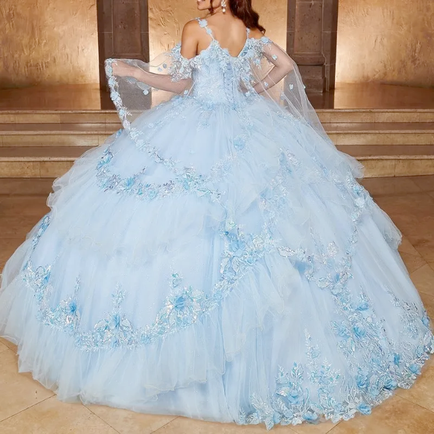 Sky Blue Shiny Princess Quinceanera Dress Lace Applique Flower Beaded With Cape Mexico Sweet Vestidos De XV Anos