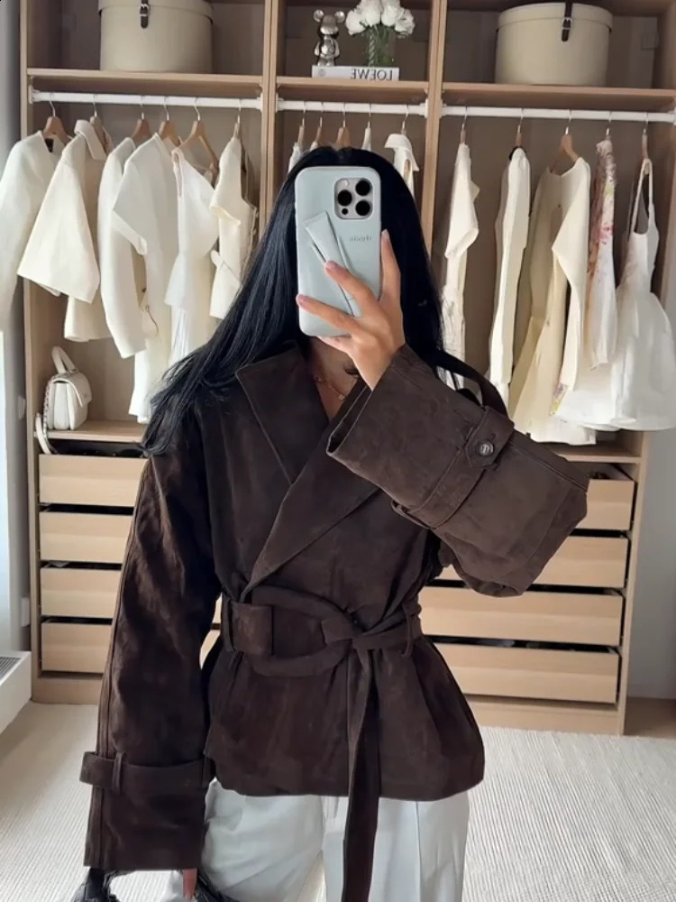 Women Brown Suede Cropped Trench Coat Jacket Belted Notched Lapel Laceup Retro Chic Outerwear Autumn Winter High Street Outfit 250919