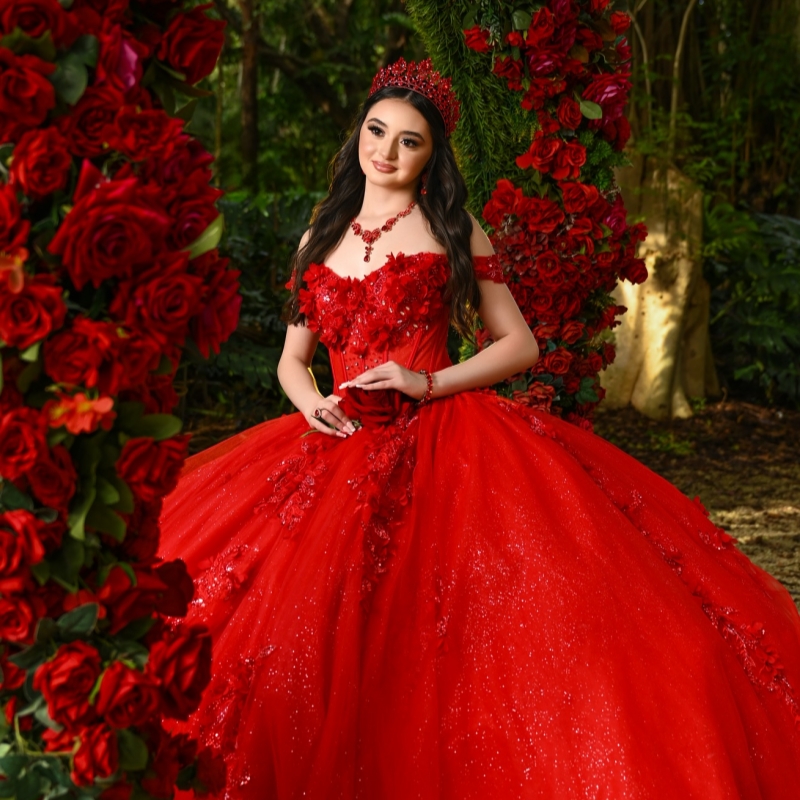 Red Shiny Quinceanera Dresses Off The Shoulder Applique Flower Beads Tull Party Birthday Sweet 16 Dress Vestidos De 15 Anos