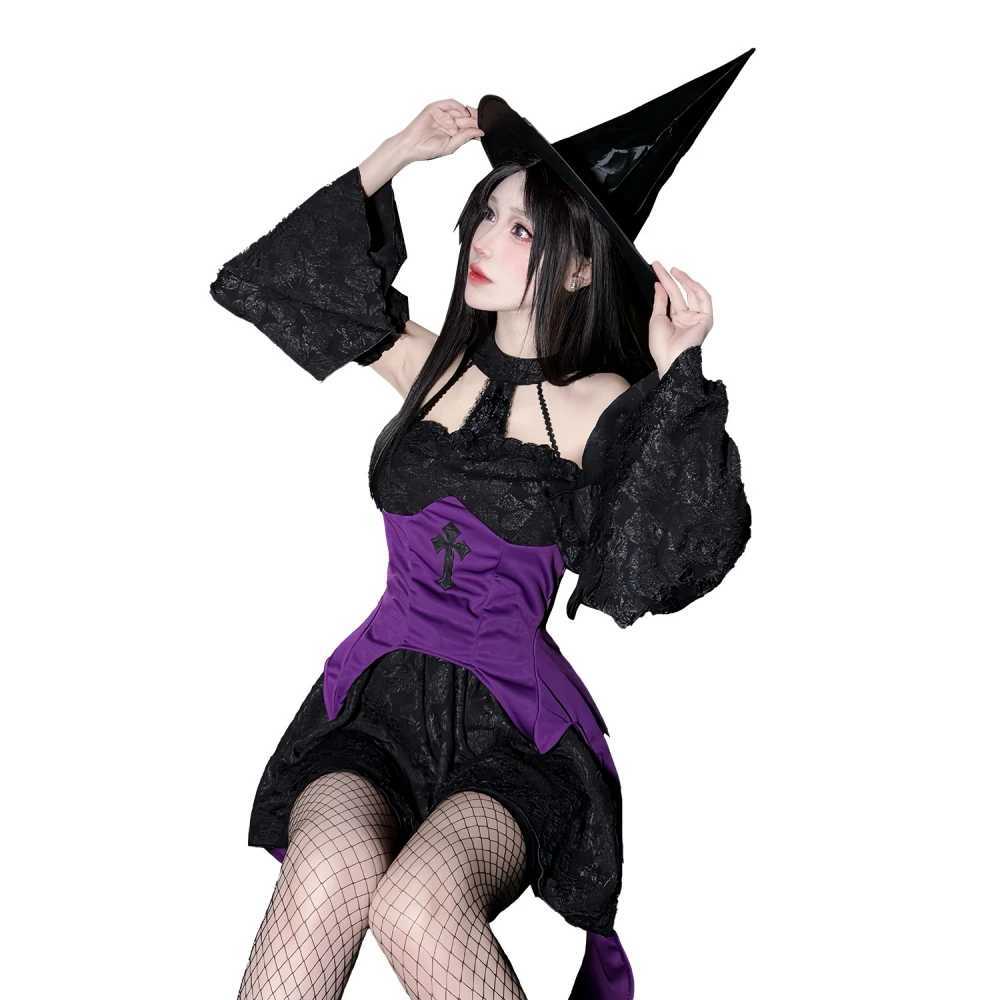 Halloween costume magic witch outfit dark gothic cross cosplay witch roleplaying dress L250918