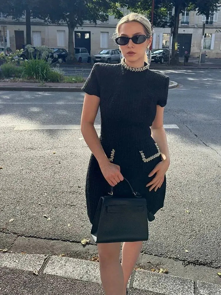 Women's Elegant Tweed A-Line Vestidos Solid Slim Fit Shoulder Pad Short Sleeve Party O-Neck Patchwork Evening Dress Ddmysept ddmyfriend