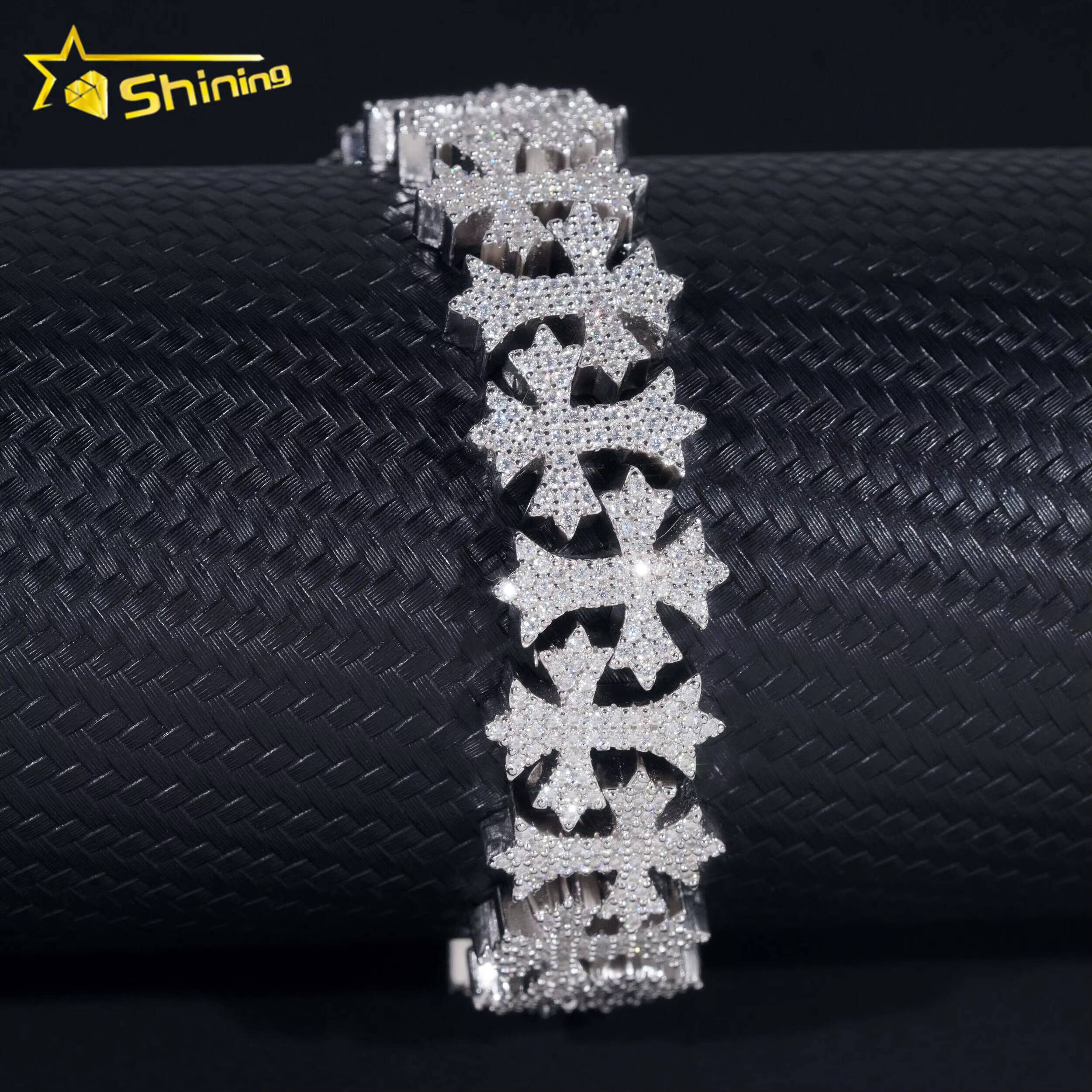 Luxury Big Cross Moissanite Cuban Link Chain Sterling Silver 925 Moissanite Cross Mens Bracelets Iced Out Hip Hop Jewelry