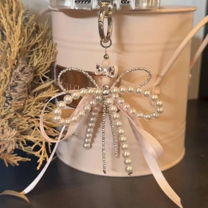 2025 New Korean Fashion Sweet Pearl Bow Keychain Phone Keyring Y2K Ins Aesthetic Holder for Girl Bag Pendant Accessories