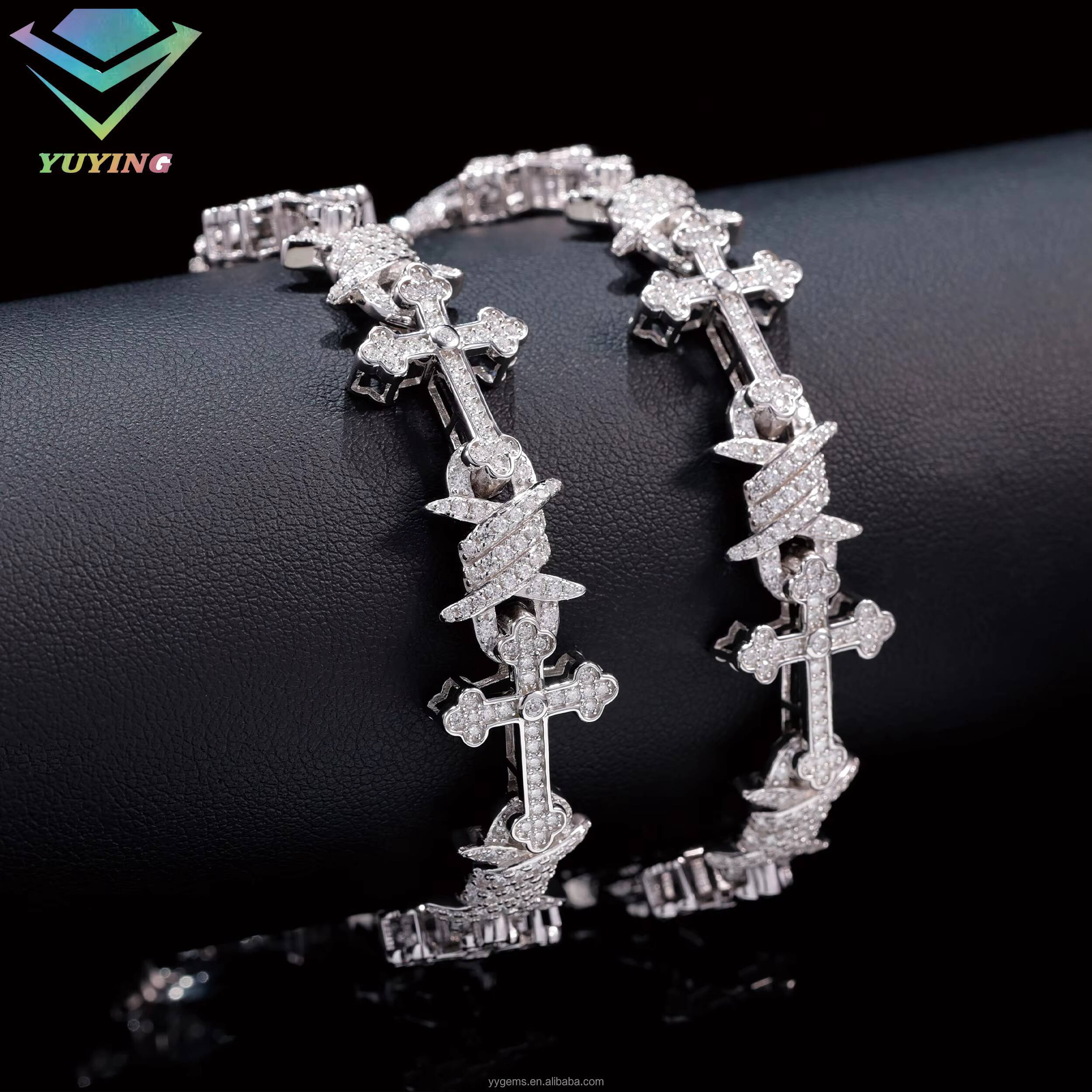 Hip Hop Luxury Gift Men 14mm 925 Sterling Silver VVS Moissanite Diamond 925 SIlver Iced Out Cross Link Chain Bracelet