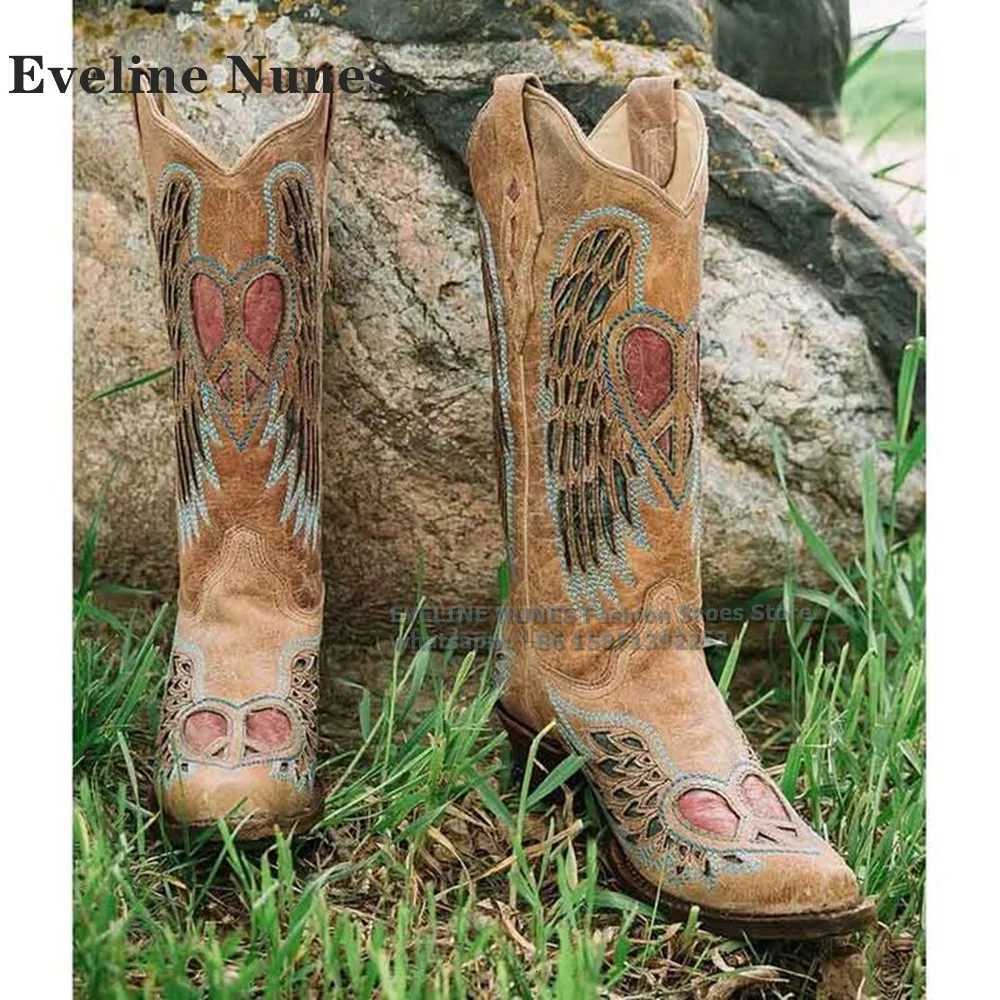 Embroidery Patchwork Retro Western Cowboy Boots Pointed Toe Chunky Heels Mixed Colors Knee High Boots Fashion Casual 2024 Newest W250919