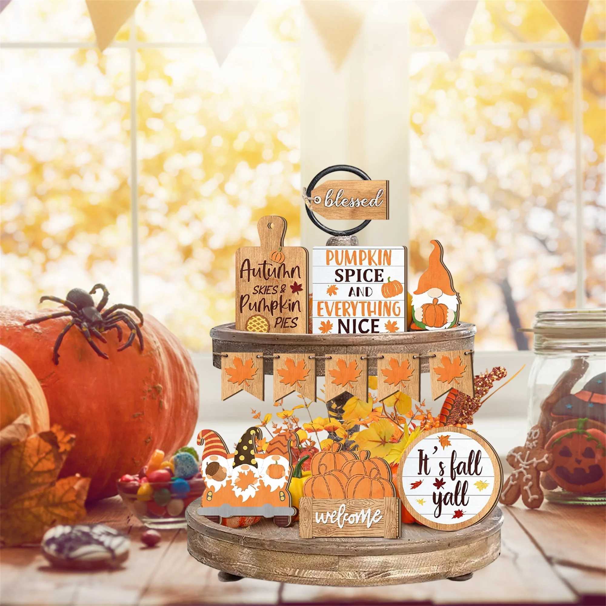 Fall Harvest Wooden Pumpkin Maple Leaf Table Centerpiece Decor Set of 10 Colorful Thanksgiving Tiered Tray Decorations for Home C250919