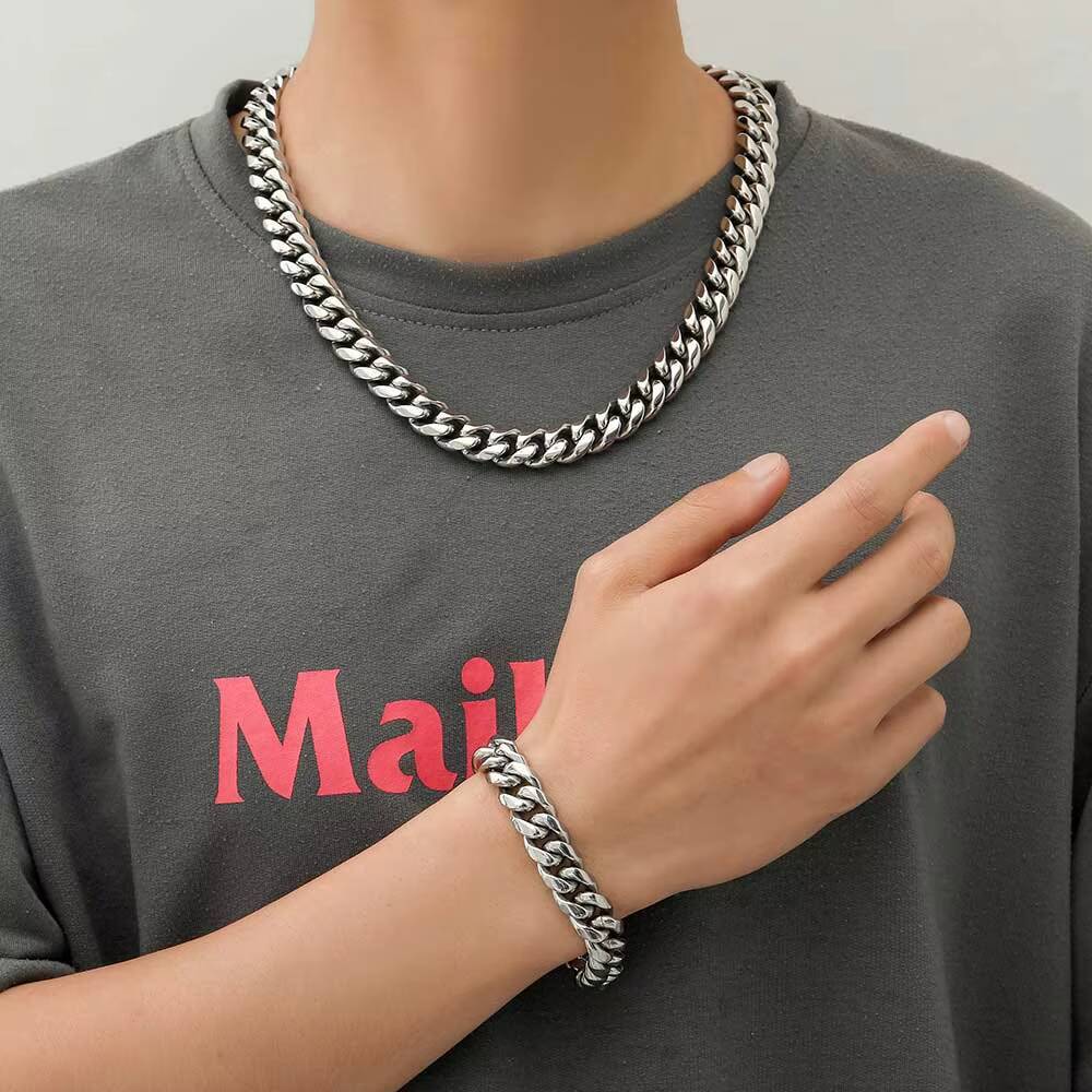 NUOYA Personalized Cuban Chain Bracelet Hip Hop Style Stainless Steel Cuban Chain Big Clasp Silver Color Bracelet Men Jewelry