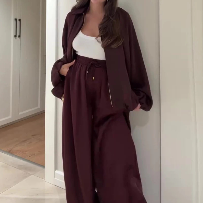 Fashion Elastic Waist Pants Sport Suit Elegant Zipper Jacket Long Pant Outfits Womens Casual Long Sleeve Solid Loose 2Pc Set 250917
