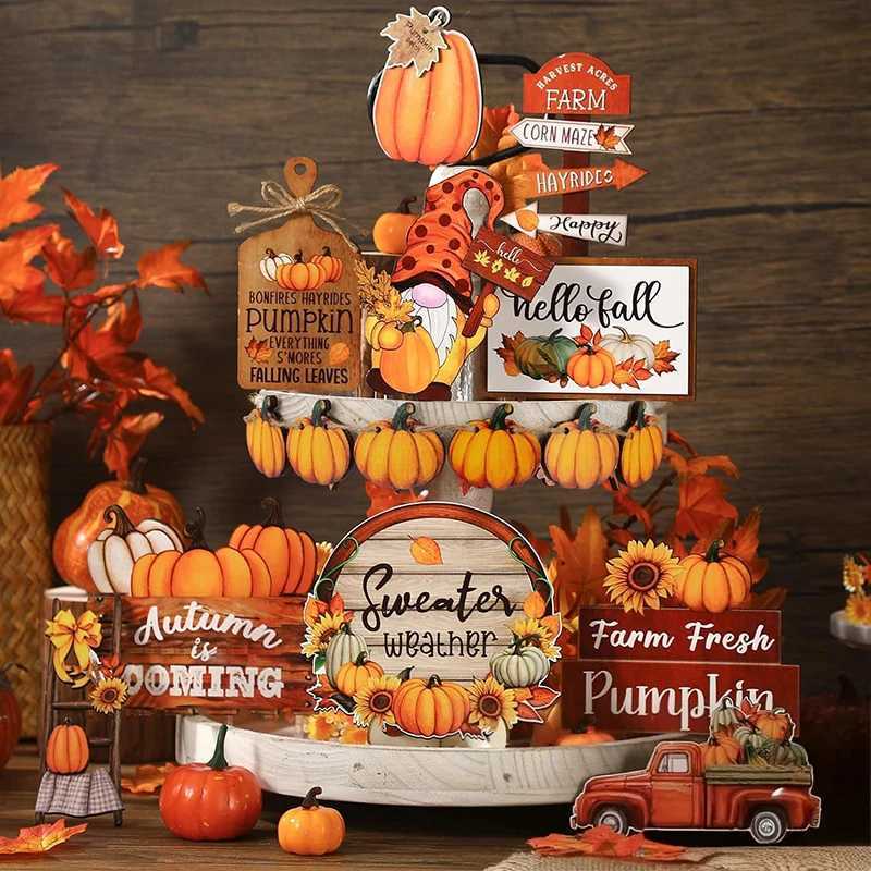 Thanksgiving Day Wooden Desktop Ornament Table Decoration Fall Harvest Tiered Tray Decor Pumpkin Maple Leaf Accents Farmhouse C250919