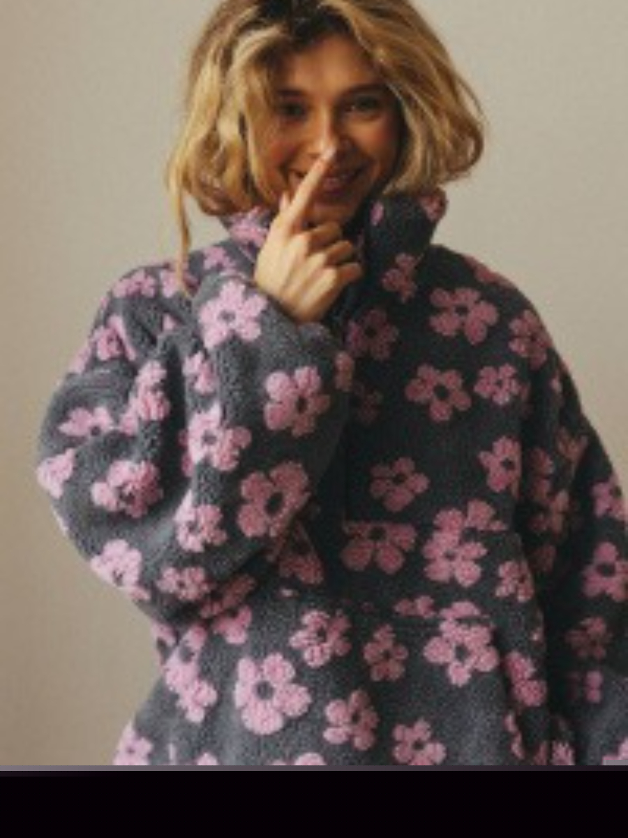 Autumn Winter Women's Sherpa Floral Pullover Hoodies Half Zip Style Loose Fit Warm Stylish New Sweatshirt