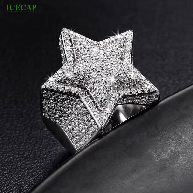 925 Silver Hip Hop Style StarShaped Moissanite Ring 15mm Round Passes Diamond Test