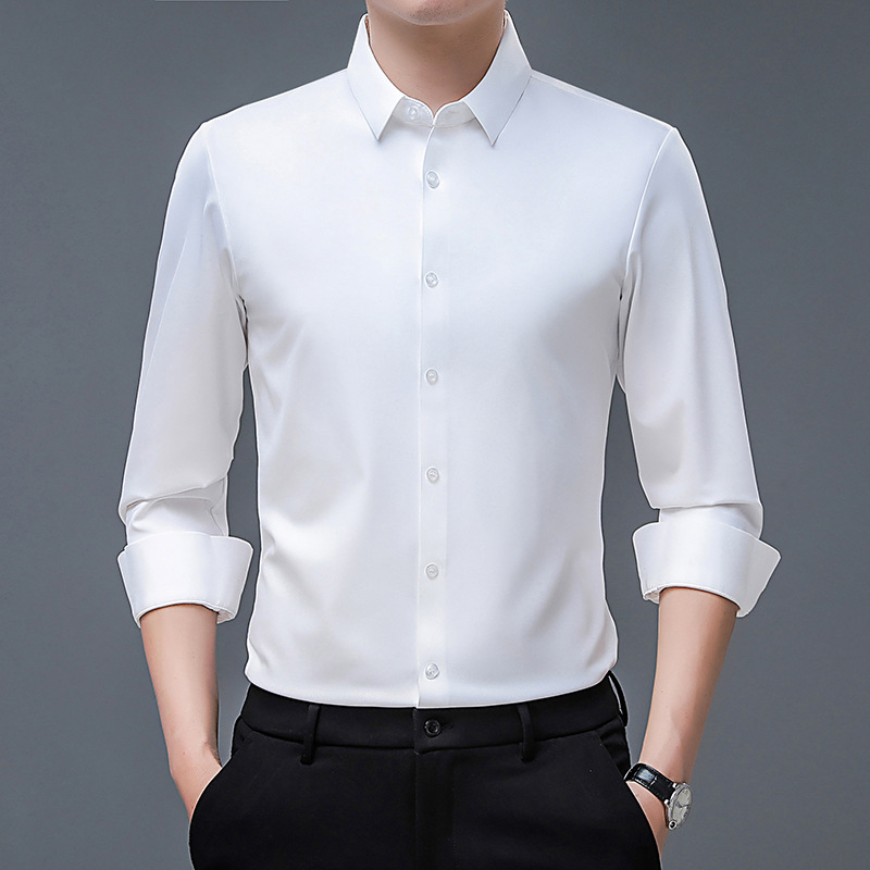 Men's Premium Silk Non-Iron Seamless Thermal Shirt Luxury Solid Color Long-Sleeve Business Shirt for Dads Autumn Dress Shirt